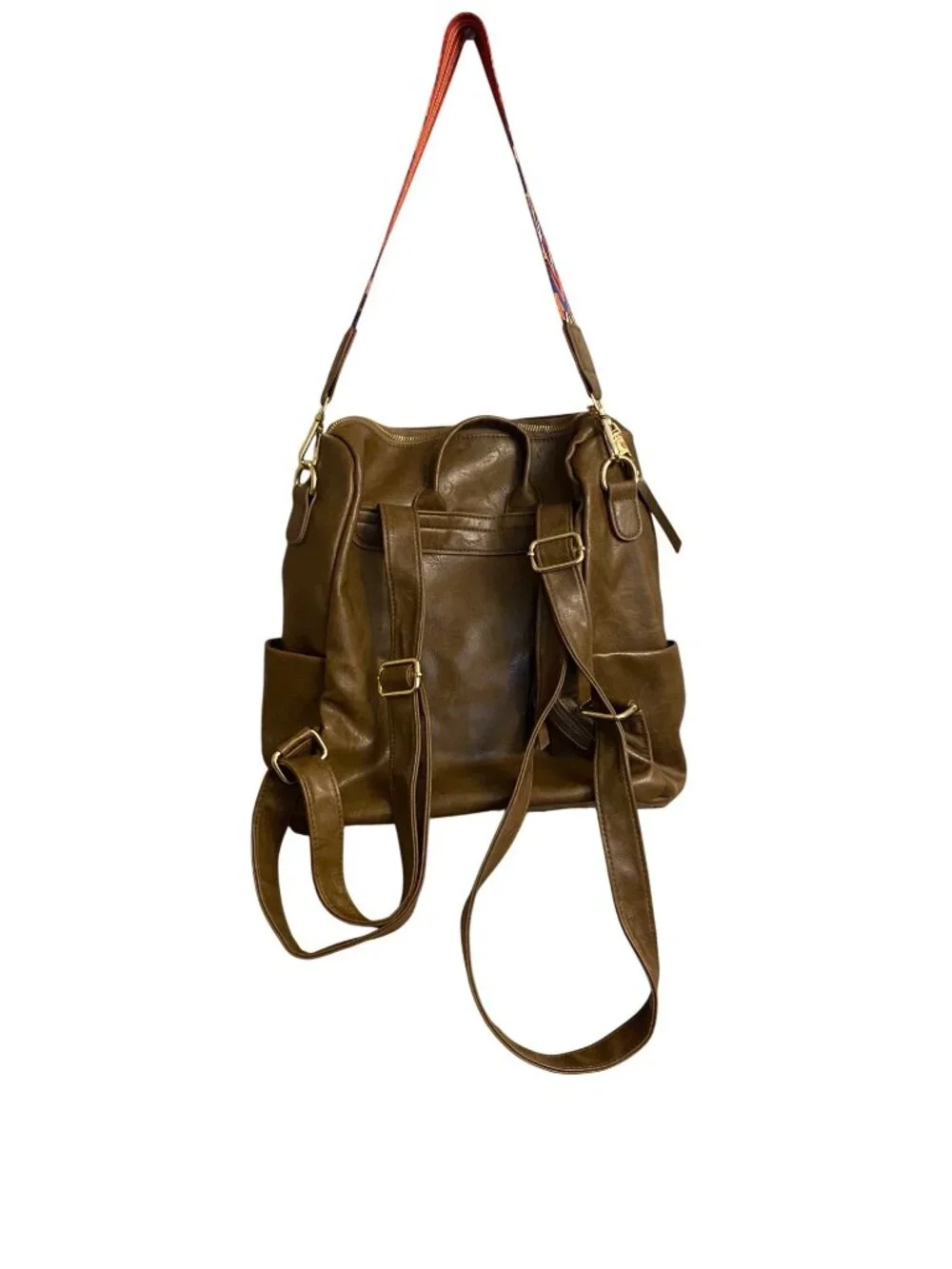 Brown Faux Leather Backpack Purse Colorful Adjustable Guitar Strap Gold Accents